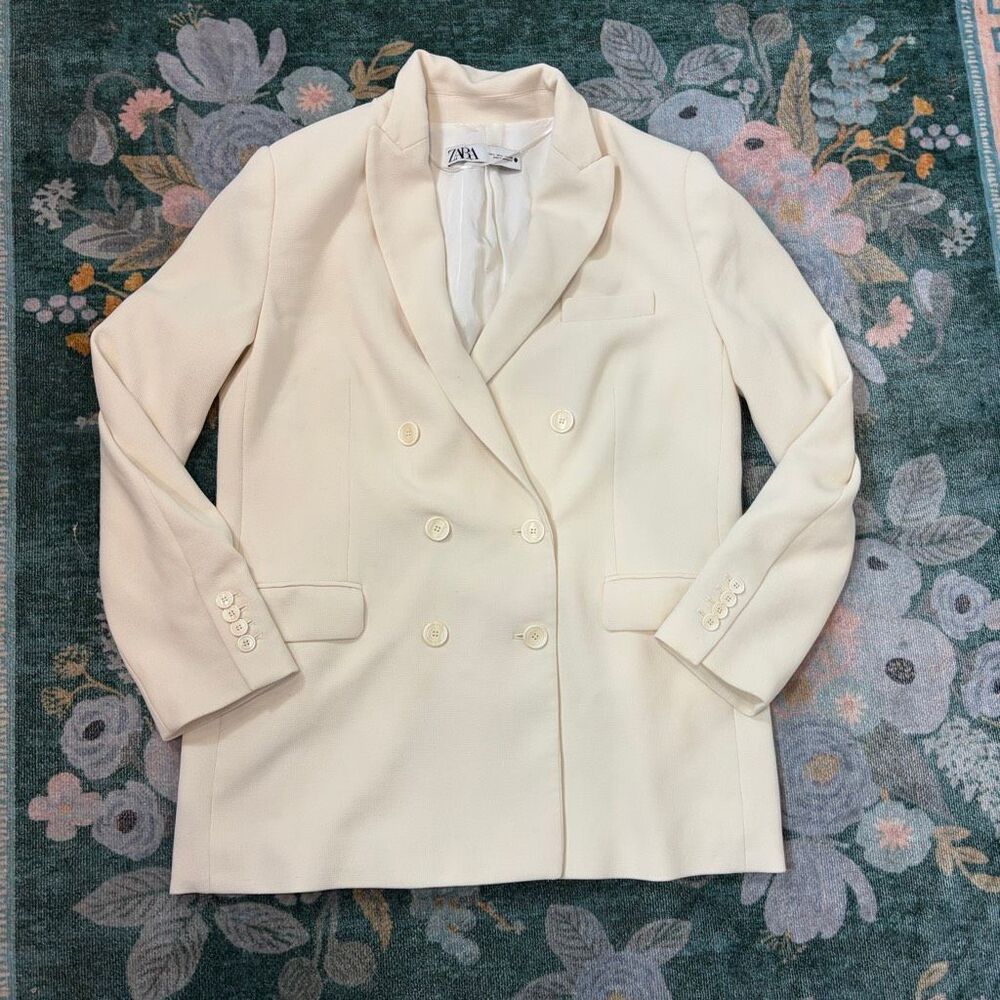 Zara Blazer Womens Large Cream Double Breasted Tailored Long Sleeve Lined Career - Picture 7 of 12